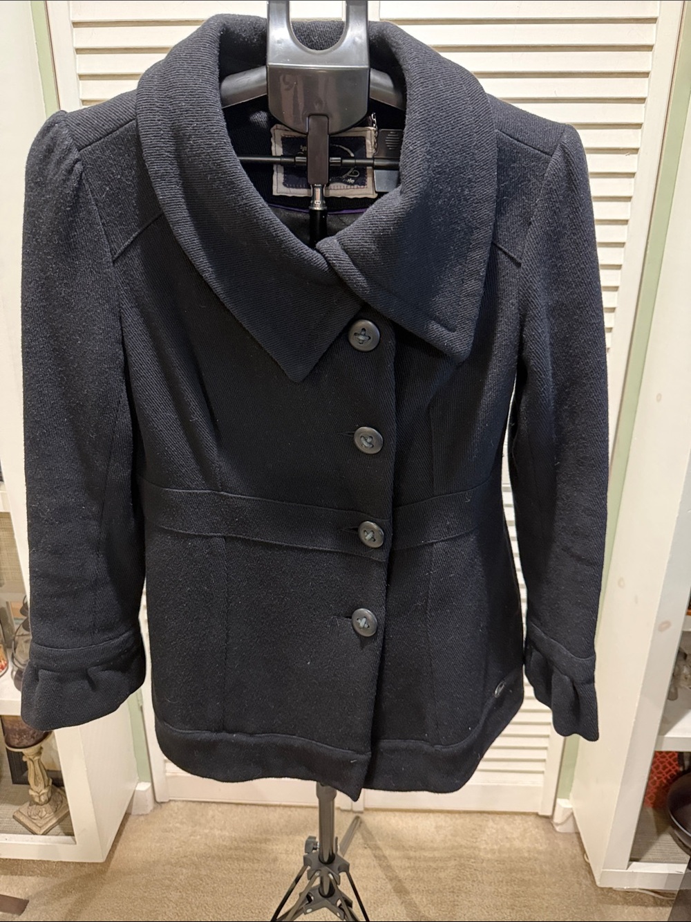 Vintage Mavi Black Wool-Blend Pea Coat with Wide Collar